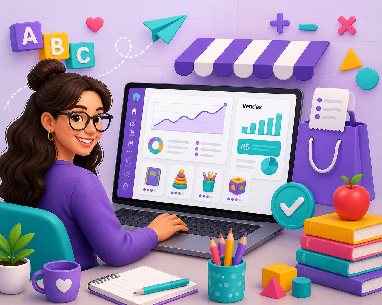 Empreendedora gerenciando o painel administrativo da sua loja virtual pedagógica com gráficos de vendas e produtos