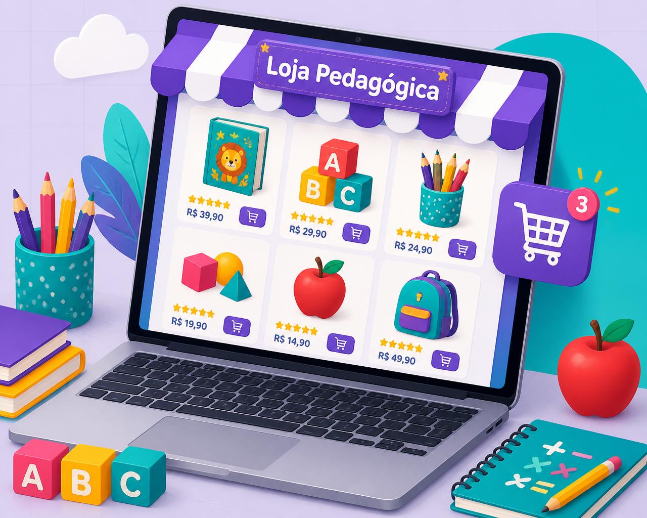 Ilustração de loja virtual pedagógica em um notebook com livros, blocos ABC, lápis coloridos, mochila e carrinho de compras